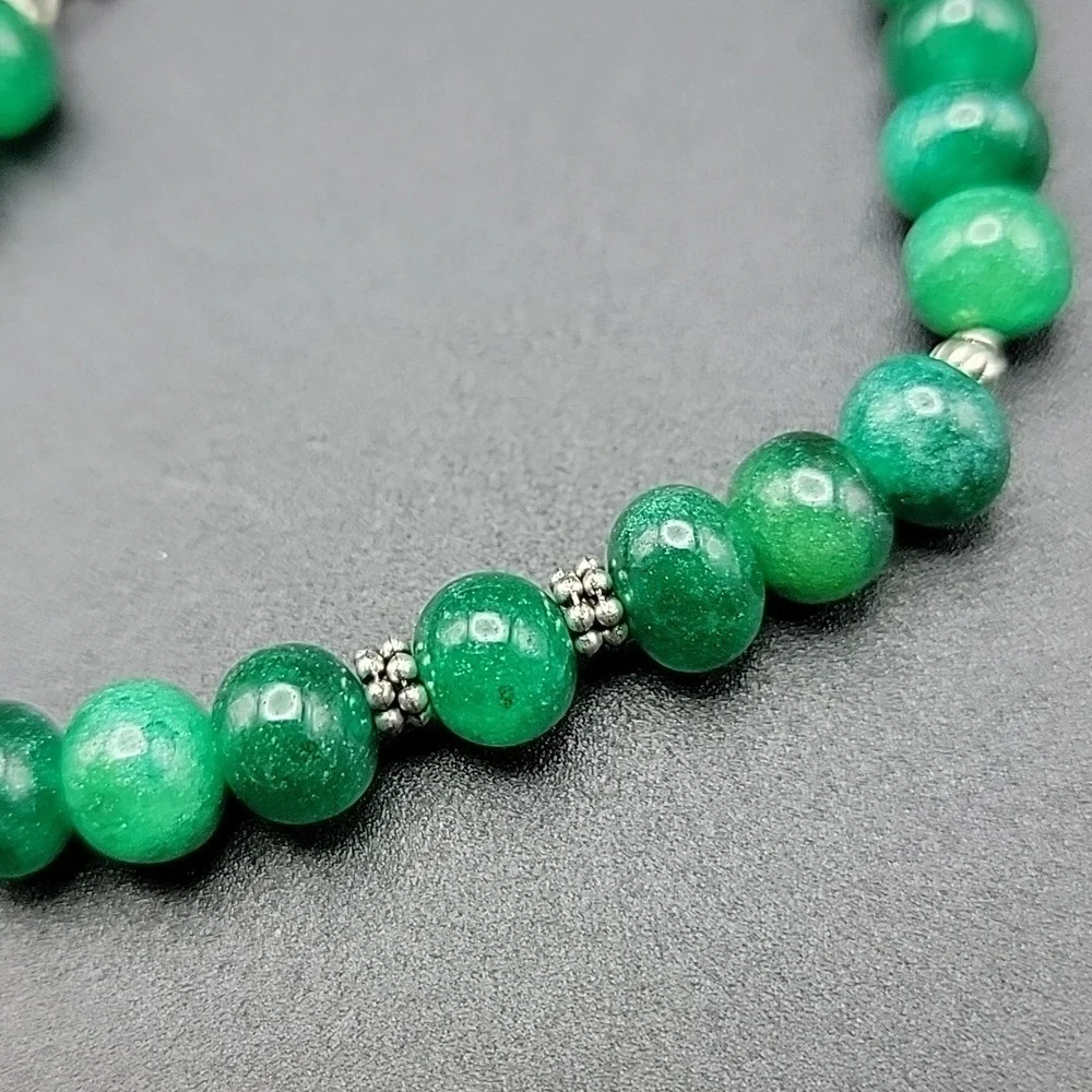 195 Cts  Authentic Natural Gemstone Green Onyx Bracelet Round Beaded Silver Tone